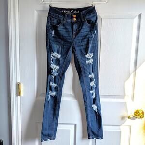 Vanilla Star Mid Rise Distressed Skinny Jeans Size 1 Double Button Dark Wash